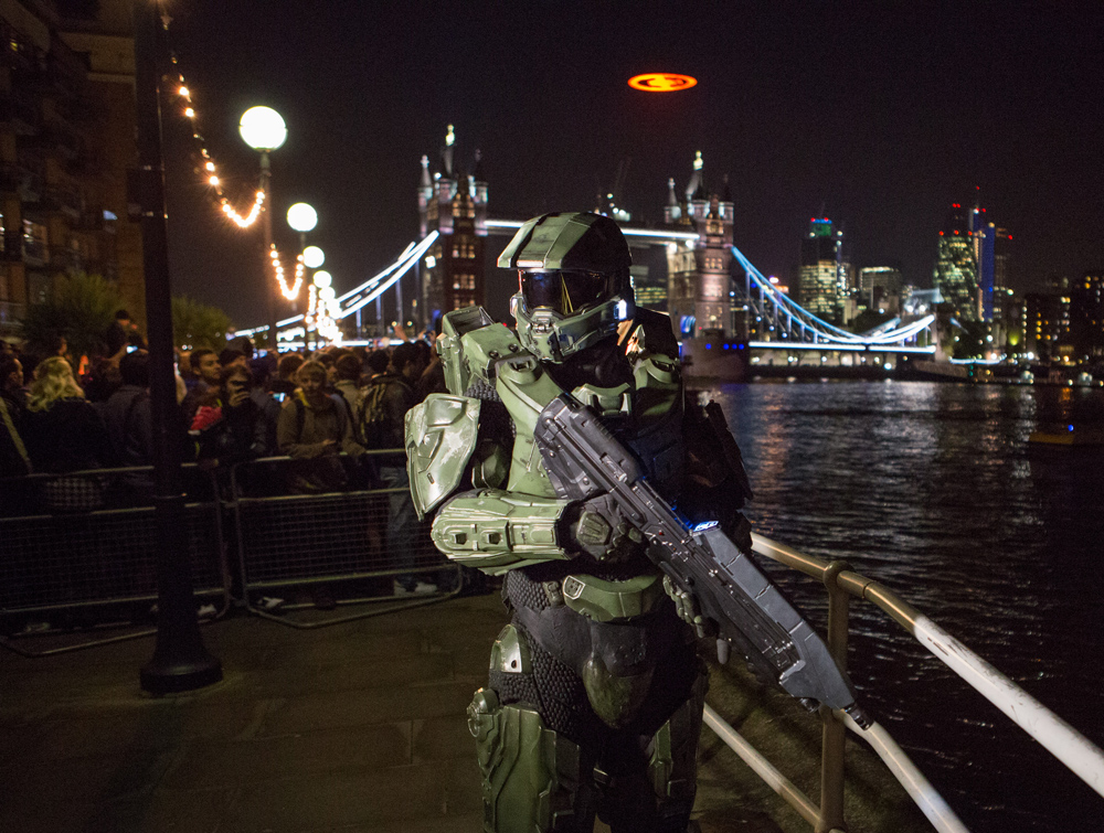 The Master Chief joins fans by Tower Bridge in London on Nov. 5, 2012 for the spectacular flight of the “Halo 4” Glyph to celebrate the blockbuster video game’s launch on Xbox 360