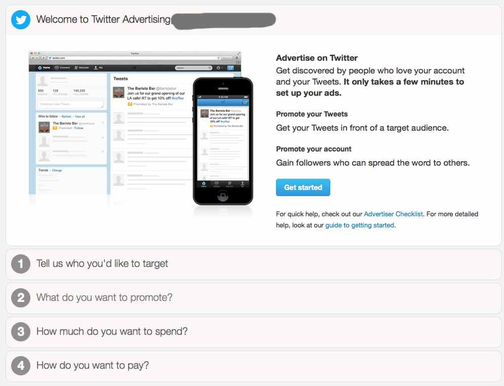 Welcome screen of Twitter's self-service advertising platform