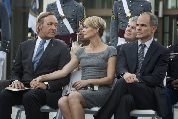 Kevin Spacey, Robin Wright and Michael Kelly in a scene from Season 1 of House of Cards