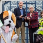 Pictured at the launch of the anti-dog fouling audio device solution in Limerick were Aidan McDermott, RiteView Solutions, Mayor of Limerick Cllr. Kathleen Leddin and Maura O'Neill, Keogh Somers and Limerick City Centre Tidy Towns along with a little help from a four legged friend. Picture: Alan Place