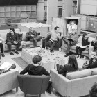 April 29th, Pinewood Studios, UK - Writer/Director/Producer J.J Abrams (top center right) at the cast read-through of Star Wars Episode VII at Pinewood Studios with (clockwise from right) Harrison Ford, Daisy Ridley, Carrie Fisher, Peter Mayhew, Producer Bryan Burk, Lucasfilm President and Producer Kathleen Kennedy, Domhnall Gleeson, Anthony Daniels, Mark Hamill, Andy Serkis, Oscar Isaac, John Boyega, Adam Driver and Writer Lawrence Kasdan. Copyright and Photo Credit: David James.