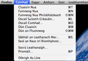 Roghchlár i bhFirefox as Gaeilge. CC BY-SA 3.0: Kevin Scannell, Wikipedia
