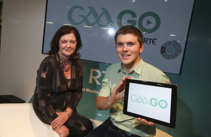 Stripe Co-founder John Collison pictured with Múirne Laffan, Managing Director of RTÉ Digital announcing a partnership with GAAGO at Web Summit