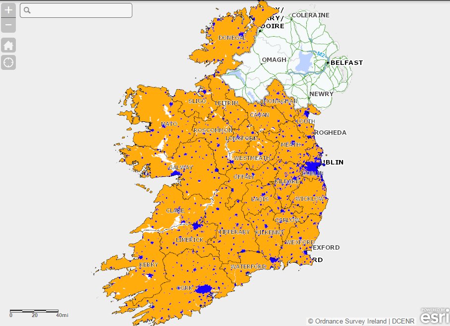 Ireland's Broadband Map. Blue: commercial provision. Amber: proposed state provision  under National Broadband Plan