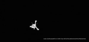 Philae landing craft on its way to the comet. Photgraphed by Rosetta mothership