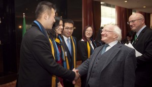 President Higgins is pictured with Prof Mark Ferguson, Director General, Science Foundation Ireland (SFI) and students from the Beijing-Dublin International College (BDIC) at a Science and Technology event in Beijing hosted by SFI. BDIC is a joint international partnership between University College Dublin (UCD) and Beijing University of Technology (BJUT).