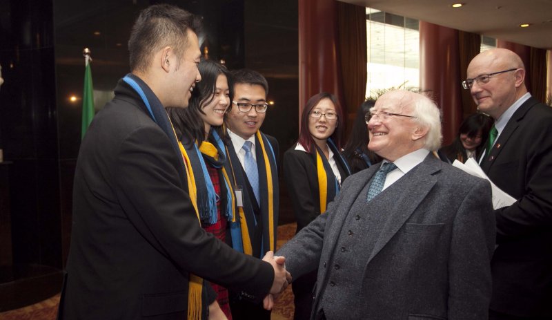 President Higgins is pictured with Prof Mark Ferguson, Director General, Science Foundation Ireland (SFI) and students from the Beijing-Dublin International College (BDIC) at a Science and Technology event in Beijing hosted by SFI.  BDIC is a joint international partnership between University College Dublin (UCD) and Beijing University of Technology (BJUT).