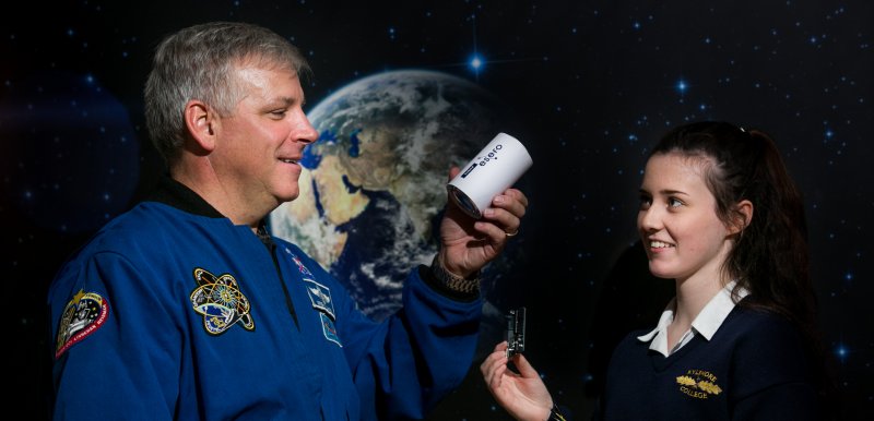  Former NASA astronaut Greg Johnson with Lauren Cosgrave, a 5th year student at Kylemore College, Ballyfermot  at the launch of the CanSat competition for Irish secondary schools to design a satellite in a can.