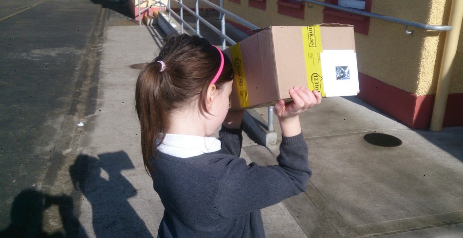 Méadhbh Ní Mhuíneachain, a pupil at Ballynacally NS in County Clare, views the solar eclipse using a pinhole camera