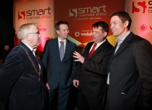 L-R: Christy Burke, Lord Mayor of Dublin; Ray Collins, Strategy and Corporate Affairs Director, Vodafone Ireland; Dara Murphy T.D., Minister for European Affairs & Data Protection, and Minister of State at the Department of the Taoiseach and Brian Corry, Chief Executive Officer, Smart Business Show