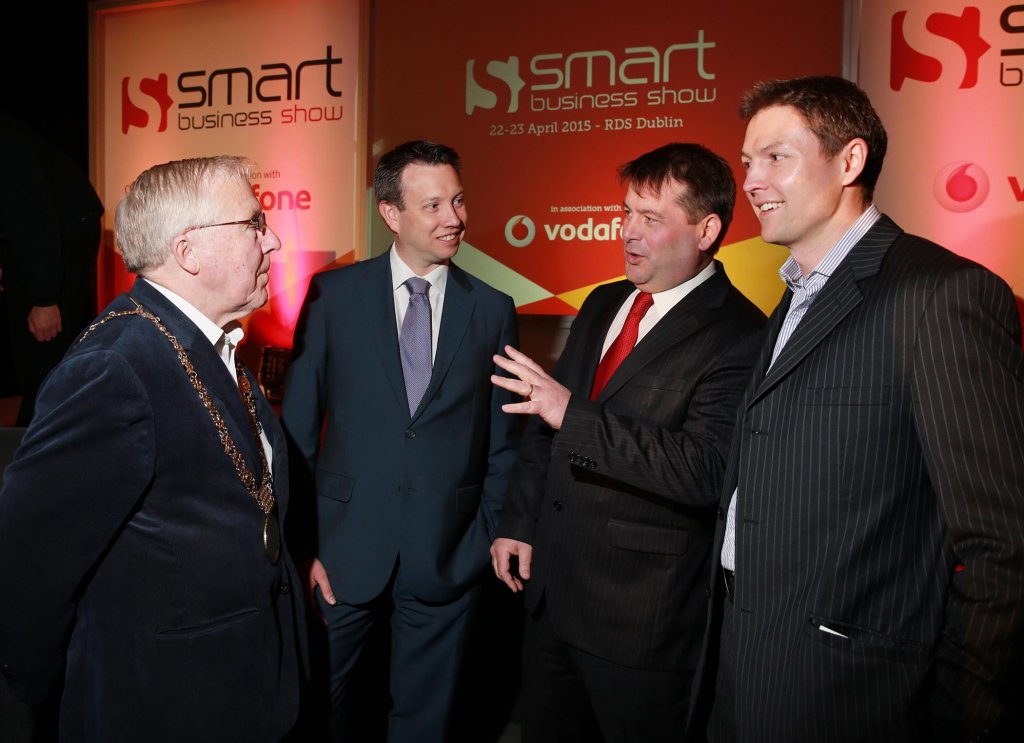 L-R:  Christy Burke, Lord Mayor of Dublin; Ray Collins, Strategy and Corporate Affairs Director, Vodafone Ireland; Dara Murphy T.D., Minister for European Affairs & Data Protection, and Minister of State at the Department of the Taoiseach and Brian Corry, Chief Executive Officer, Smart Business Show