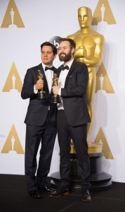 Shan Christopher Ogilvie and Benjamin Cleary pose backstage with the Oscar® for Best live action short film, for work on “Stutterer” during the live ABC Telecast of The 88th Oscars® at the Dolby® Theatre in Hollywood, CA on Sunday, February 28, 2016.