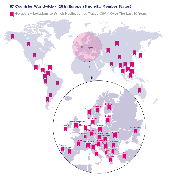 Hotline Report 2016 - Locations to which Hotline.ie has traced Child Sexual Abuse Material over the last 10 years.