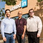 Microsoft Buys LinkedIn for $26.2bn. From left: Jeff Weiner, CEO LinkedIn; Satya Nadella, CEO of Microsoft; Reid Hoffman, chairman and co-founder of LinkedIn.