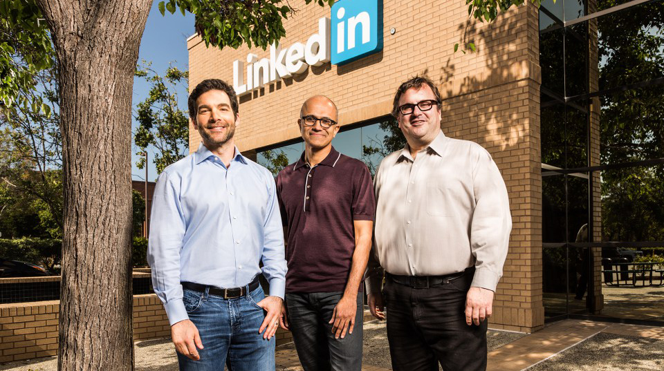 Microsoft Buys LinkedIn for $26.2bn. From left: Jeff Weiner, CEO of LinkedIn; Satya Nadella, CEO of Microsoft; Reid Hoffman, chairman and co-founder of LinkedIn.