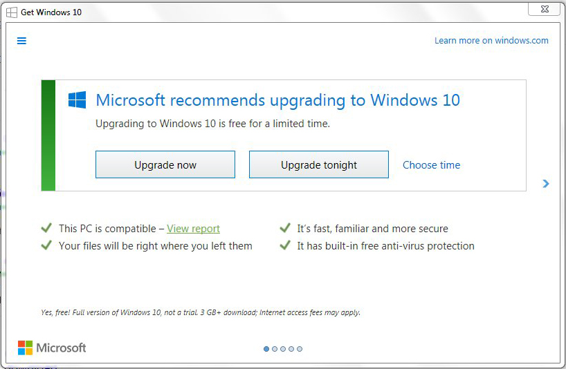 Microsoft Windows 10 Upgrade Scheduling Dialogue