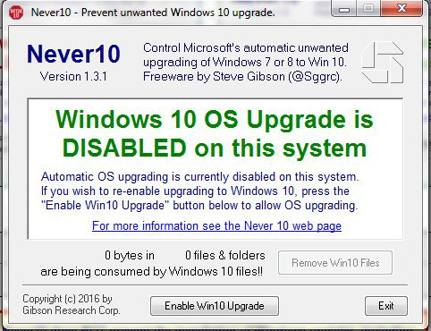 Screen capture of Never10 dialogue showing that Windows 10 OS Upgrade is disabled in the registry and that there are no Windows 10 files awaiting installation.
