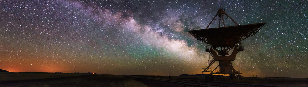 Milky way and big antenna dish at Very Large Array New Mexico USA. Powerful telescope for astronomy searching