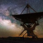 Milky way and big antenna dish at Very Large Array New Mexico USA. Powerful telescope for astronomy searching