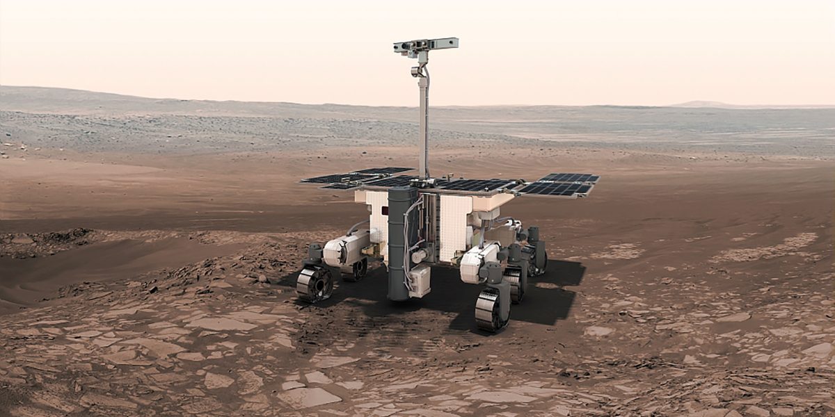 This undated artist rendition provided by the European Space Agency shows the ESA ExoMars robot on Mars. Because of the Russian invasion of Ukraine, Europe will no longer be attempting to send its first rover to Mars this year. The European Space Agency confirmed Thursday March 17, 2022 that it is indefinitely suspending its ExoMars rover mission with partner Roscosmos, Russia's state space corporation. (Thiebaut/ESA-AOES medialab via AP)