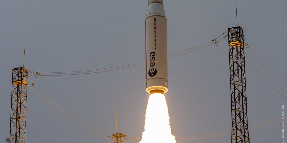 This photograph provided by the European Space Agency shows the Vega-C rocket lifting off from its launch pad at the Kourou space base, French Guiana, Wednesday July 13, 2022. The European Space Agency on Wednesday celebrated the first flight of its Vega-C rocket, which is designed to provide more bang for customers' buck in the increasingly competitive business of launching satellites into orbit. (S Martin/ESA via AP)