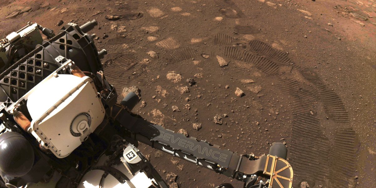 FILE - This photo made available by NASA was taken during the first drive of the Perseverance rover on Mars on March 4, 2021. A NASA rover on Mars by chance had its microphone on when a whirling tower of red dust passed overhead and caught the sound. Scientists released the first-of-its-kind audio Tuesday, Dec. 13, 2022. (NASA/JPL-Caltech via AP, File)