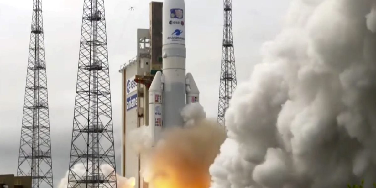 In this image provided by the European Space Agency, an Ariane rocket carrying the robotic explorer Juice takes off from Europe's Spaceport in French Guiana, Friday, April 14, 2023. European spacecraft has blasted off on a quest to explore Jupiter and three of its ice-encrusted moons. Dubbed Juice, the robotic explorer set off on an eight-year journey Friday from French Guiana in South America, launching atop an Ariane rocket. (ESA via AP)
